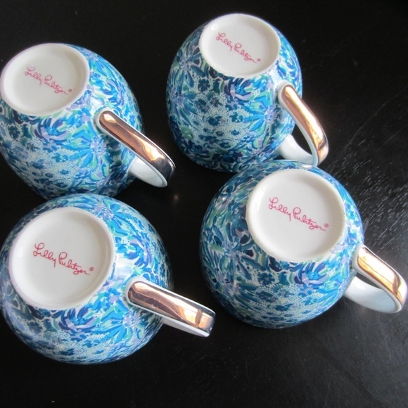 Lilly Pulitzer Tea Cups set of 4 Bule Floral Ceramic golden Handles Ssummer, - Picture 4 of 8